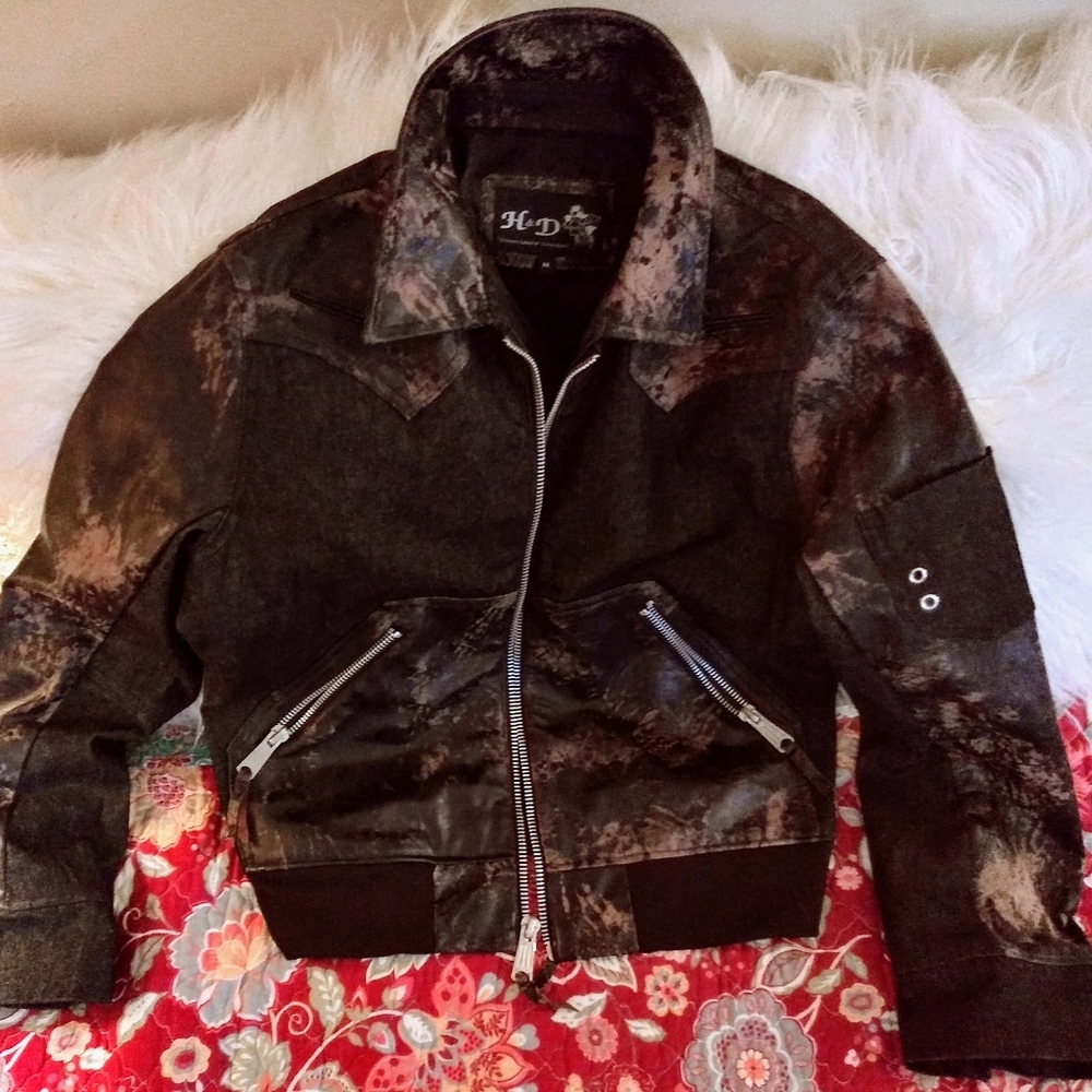 H&D Distressed Leather (genuine) Black Denim Jacket Biker,  Size Medium …